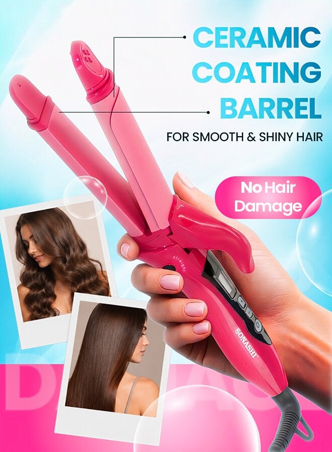 2in1 Hair Curler And Straightener with Ceramic Coated Barrel  LED Display  360 Swivel Cord  On And Off Switch  Hair Styling Tool  Curler Straightener with Power 45W  300grams SHC-3005 Pink 300grams - image 2