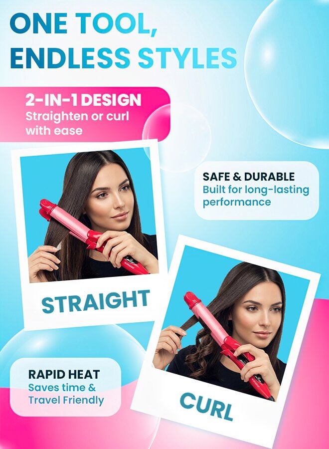 2in1 Hair Curler And Straightener with Ceramic Coated Barrel  LED Display  360 Swivel Cord  On And Off Switch  Hair Styling Tool  Curler Straightener with Power 45W  300grams SHC-3005 Pink 300grams - image 4