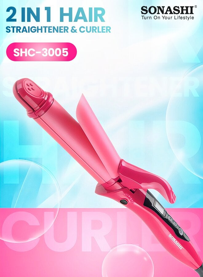 2in1 Hair Curler And Straightener with Ceramic Coated Barrel  LED Display  360 Swivel Cord  On And Off Switch  Hair Styling Tool  Curler Straightener with Power 45W  300grams SHC-3005 Pink 300grams