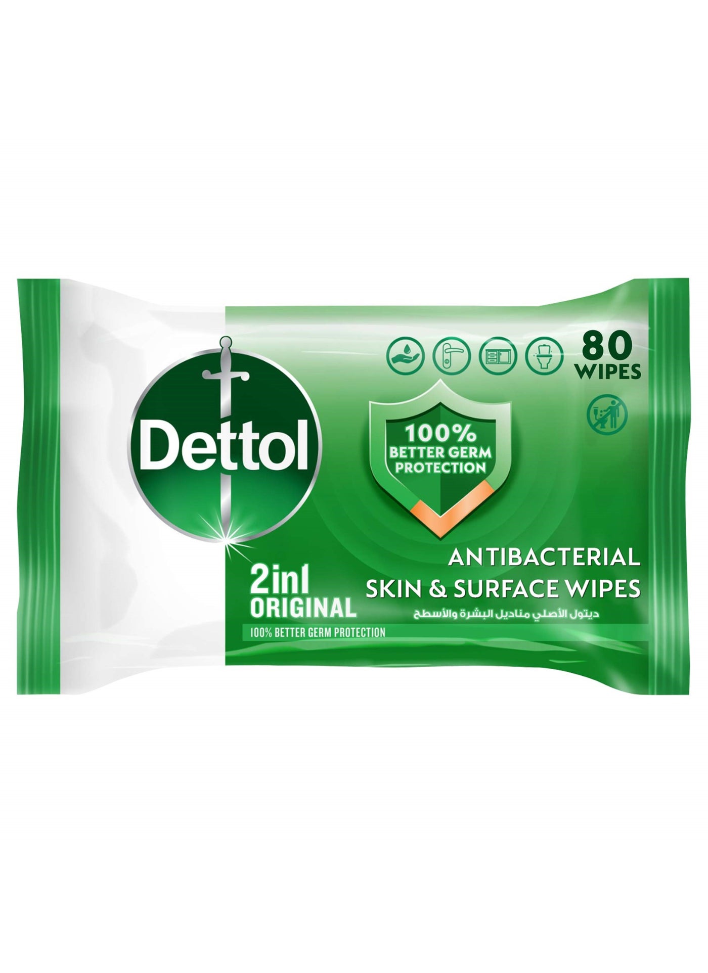Original 2 In 1 Antibacterial Skin And Surface Wipes Pack of 80