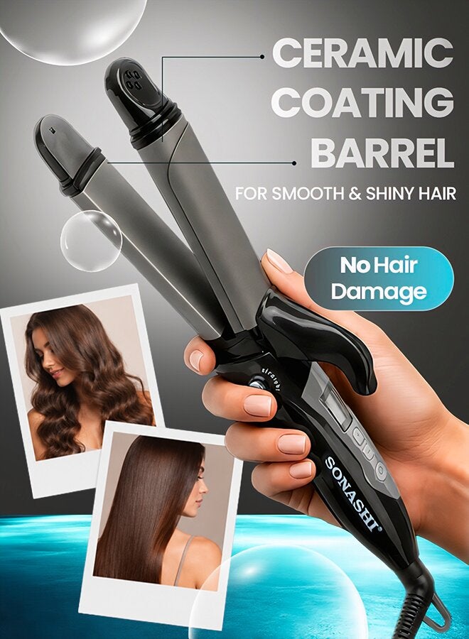 2in1 Hair Curler And Straightener with Ceramic Coated Barrel  LED Display  360 Swivel Cord  On And Off Switch  Hair Styling Tool  Curler Straightener with Power 45W  300grams SHC-3005 Grey/Black 300grams - image 2