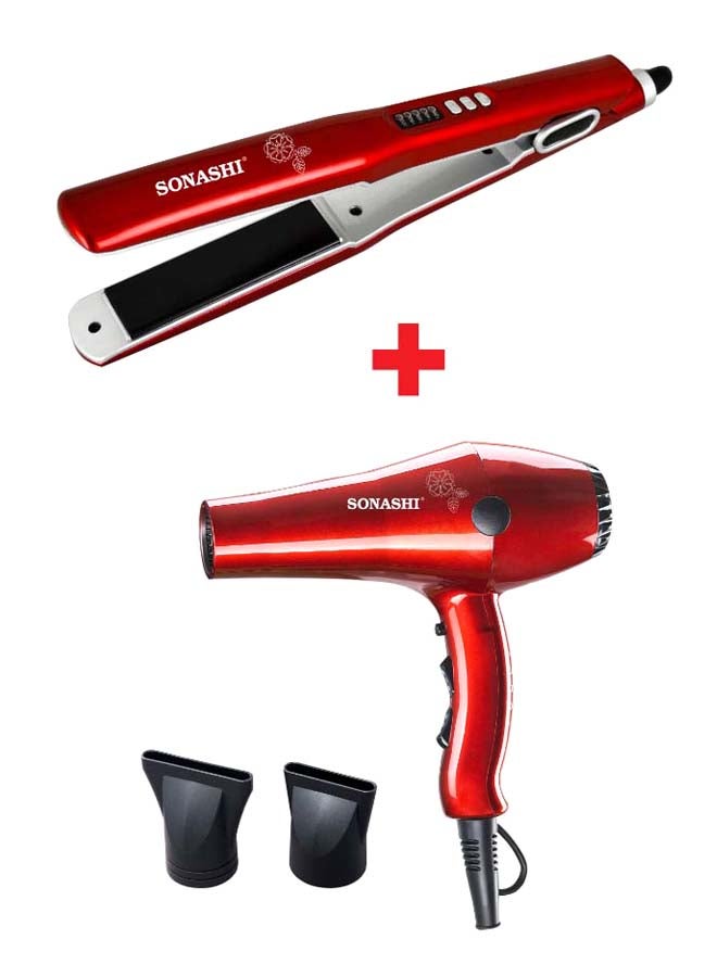 Powerful 2000W Professional Hair Dryer With Ceramic Hair Straightener SHD-3032 + SHS-2042 Bundle Glossy Red