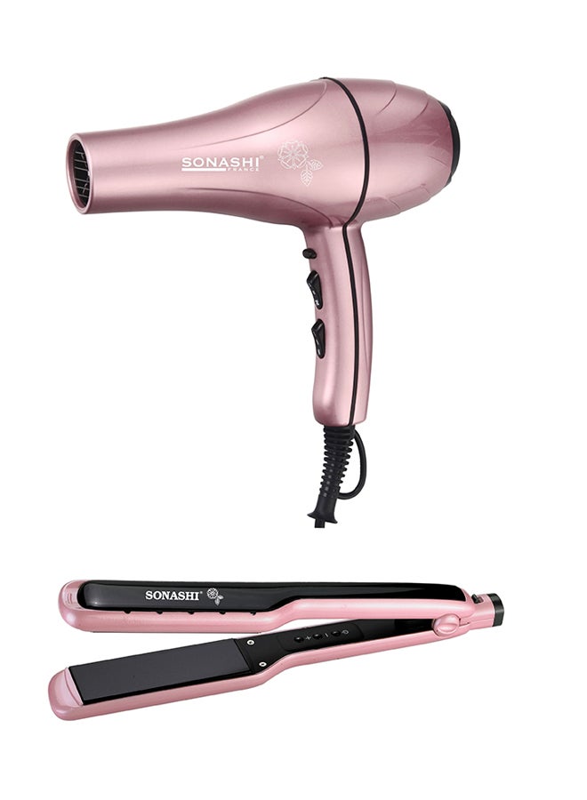 2-Piece Hair Dryer And Wet & Dry Ceramic Hair Straightener Flat Iron Set SHD-3046 + SHS-2059RG Bundle Rose Gold