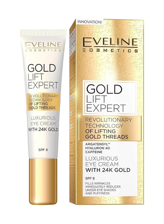 Eveline Cosmetics Gold Lift Expert Eye Cream With 24K Gold Spf 8, Anti-Aging Eye Treatment With Argatensyl And Hyaluron 4D 15ml