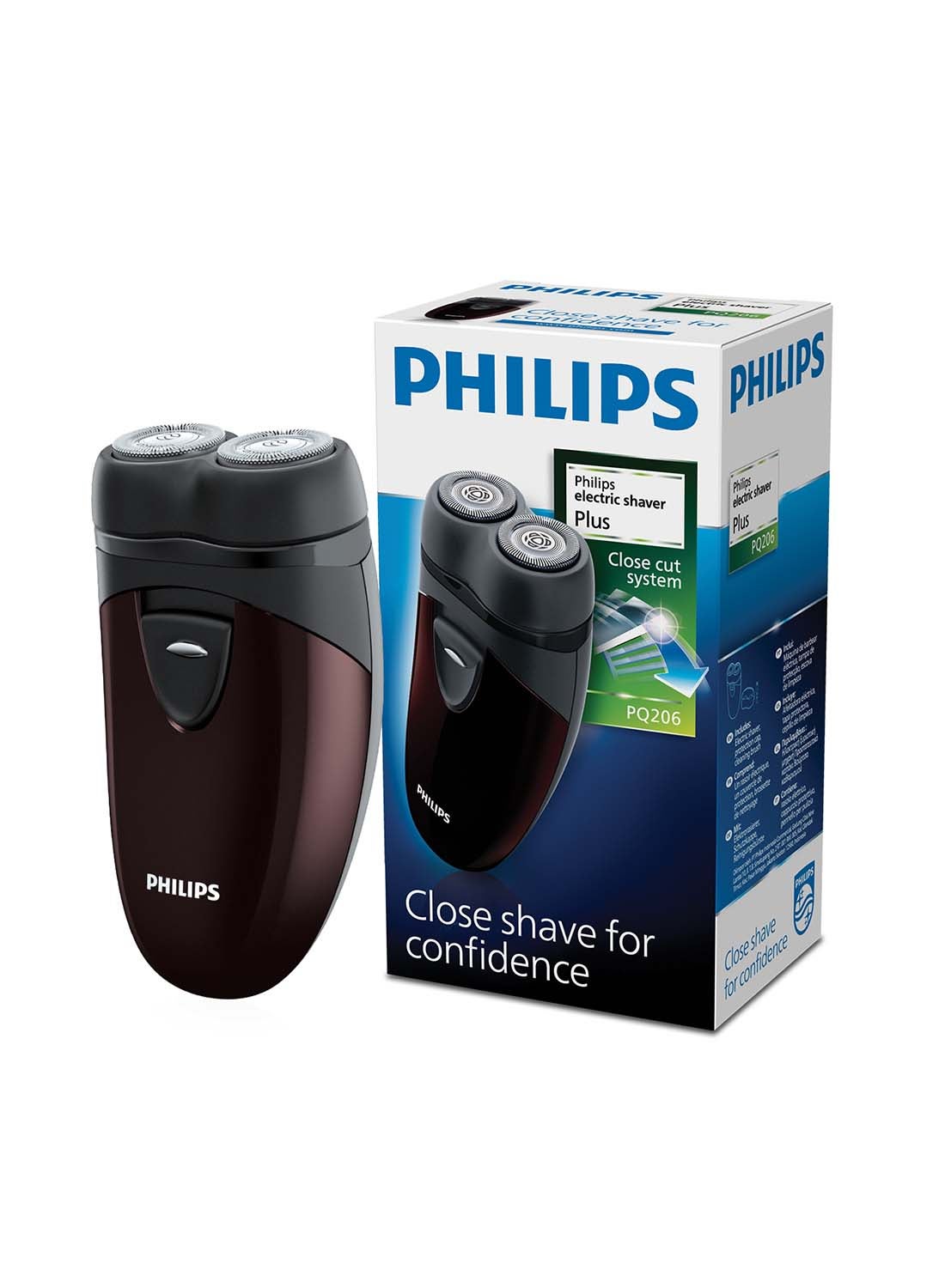Electric Shaver PQ206/18 | Battery powered | Compact and easy to carry | Close, comfortable shave | Heads follow your face | Up to 60 min cordless | Protective cap & cleaning brush Black