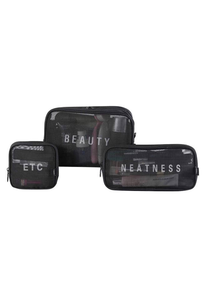 3-Piece Mesh Cosmetic Makeup Bag Set Black