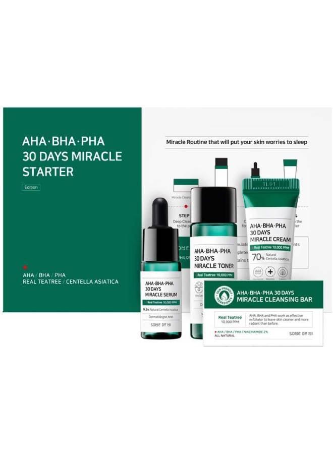 AHA.BHA.PHA 30 Days Miracle Starter Kit 4 Pcs Set (Toner 30ml+Serum 10ml+Cream 20g+Cleansing Bar 25g) Clear