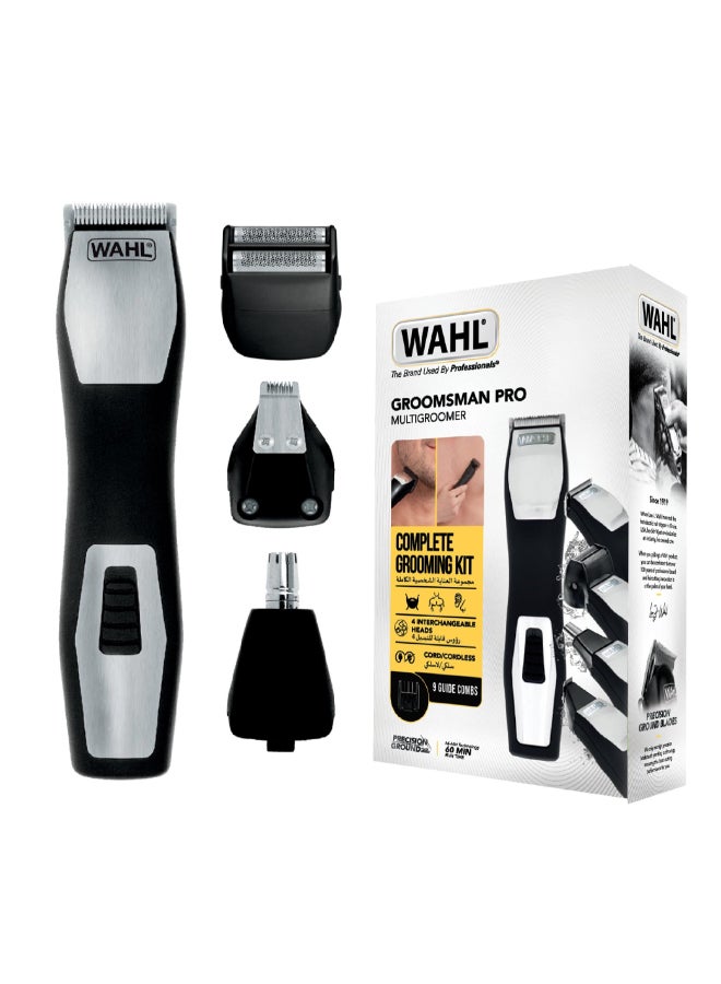 Wahl Groomsman Pro 8 in 1 Rechargeable Grooming Kit | USA Blade Technology | Cordless 60 Min Run Time | 4 Beard Combs with Variable Guide Comb | Precision Detailer, Dual Foil Shaver and Ear/Nose Heads | 9855-1227 Black/Silver