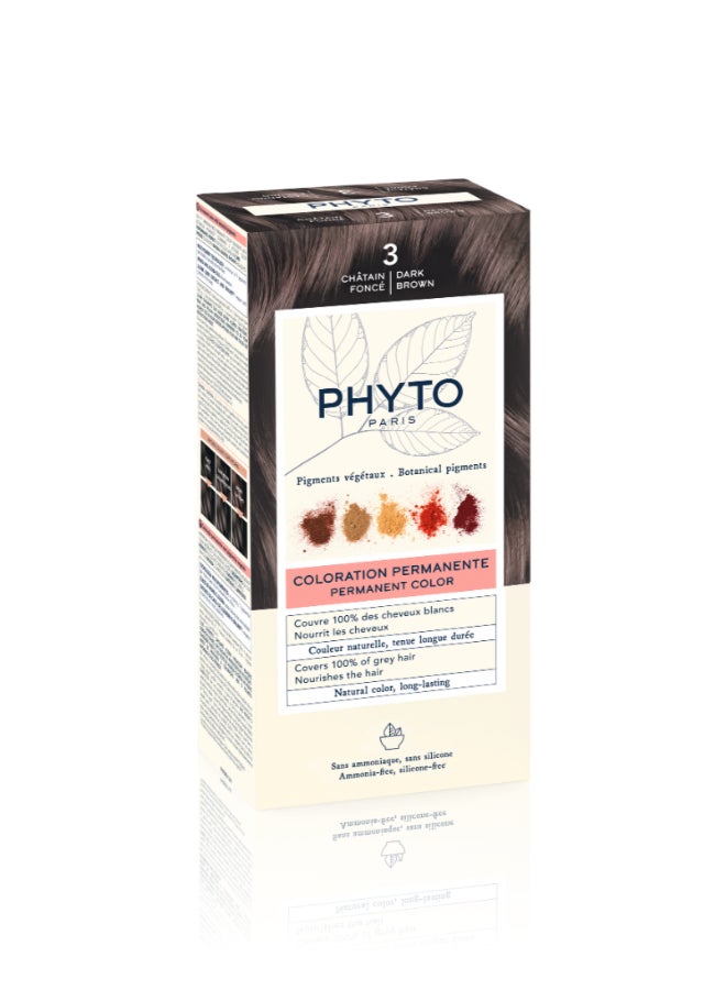 Phyto PhytoColor Permanent Hair Color Kit, Shade 3 Dark Brown, Ammonia-Free Botanical Hair Dye with 100% Grey Coverage Dark Brown 110ml