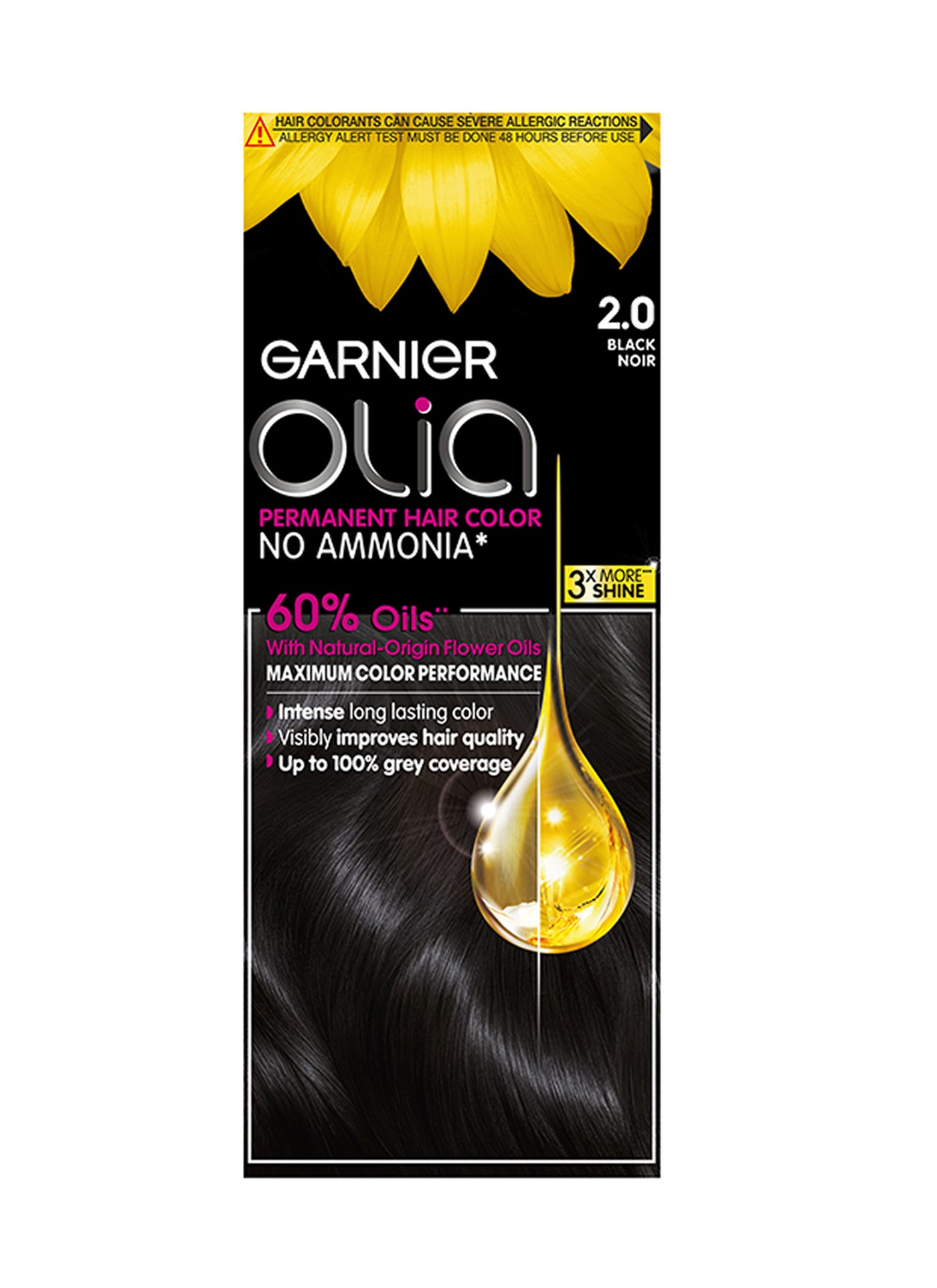 Olia No Ammonia 60% Oil-Rich Permanent Hair Color 2.0 Black 50g 50g 12ml