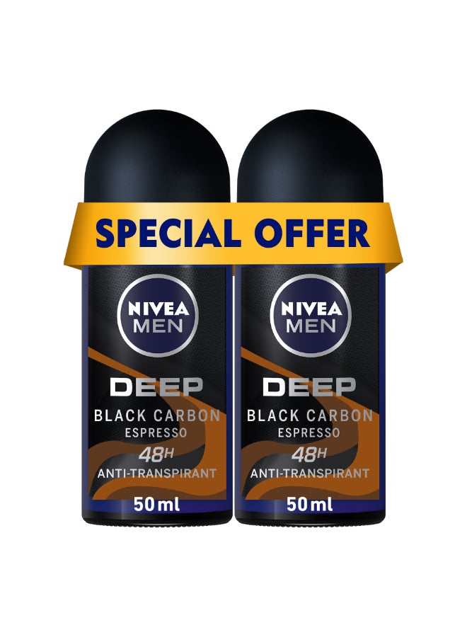 Pack Of 2 Deep Black Carbon Espresso Antiperspirant Roll On black 50ml