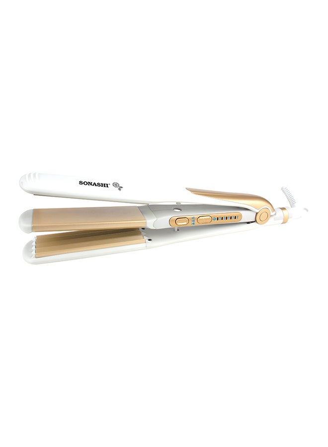 2 in 1 Hair Straightener And Crimper With Ceramic Coating Plates Crimper Plate For Perfect Waves PTC Heating LED Indicato Lock Function On And Off Switch Temperature Control Suitable For All Hair Types SHS-2082 White/Gold 33cm