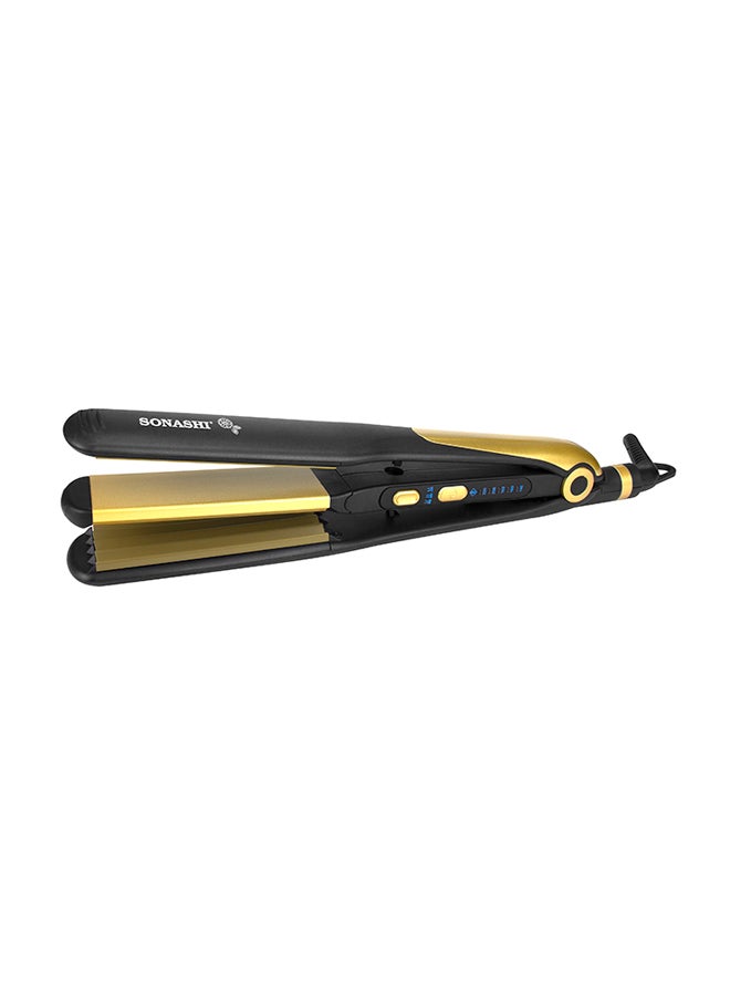 2 in 1 Hair Straightener And Crimper With Ceramic Coating Plates Crimper Plate For Perfect Waves PTC Heating LED Indicator Lock Function On And Off Switch Temperature Control Suitable For All Hair Types  SHS-2082 Black/Gold 33cm