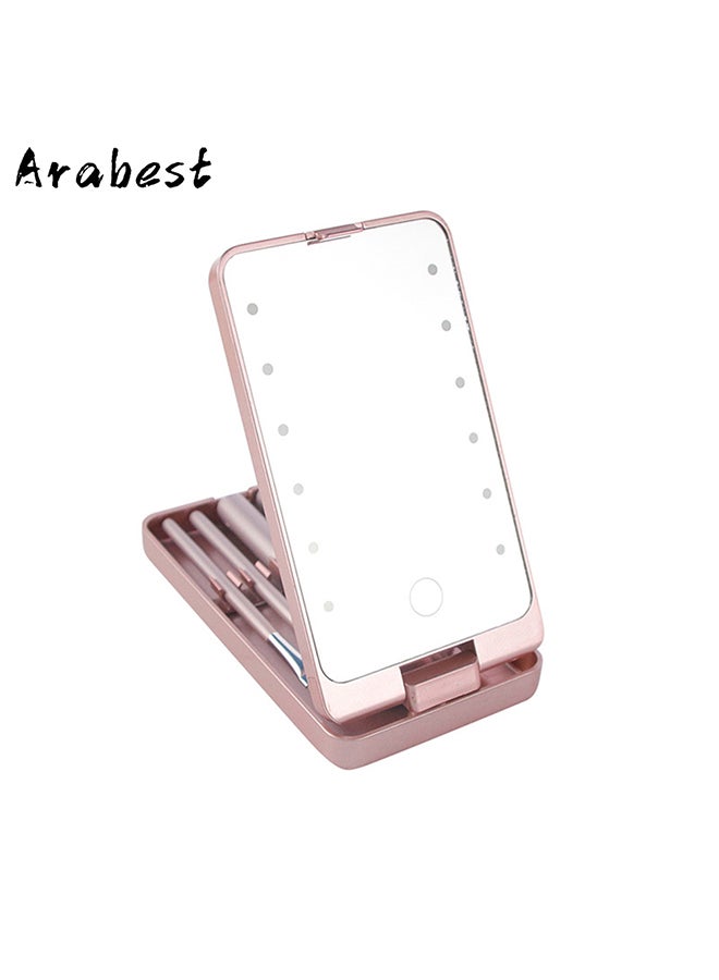 Portable Cosmetic Brush Storage Box with LED Mirror Pink