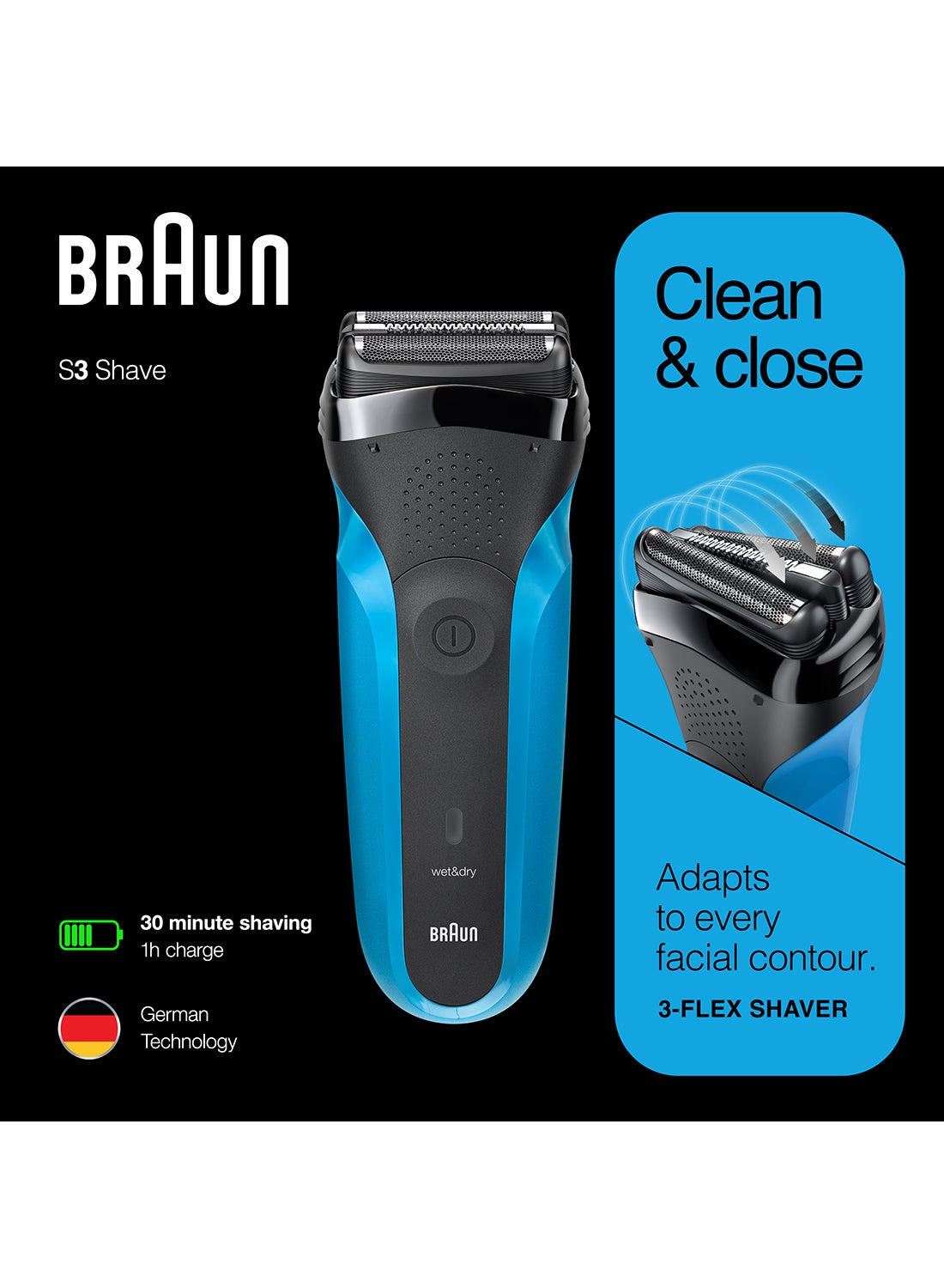 Braun Series 3 310 Electric Shaver, Wet&Dry Rechargeable and Cordless Razor for Men Black/Blue - image 2