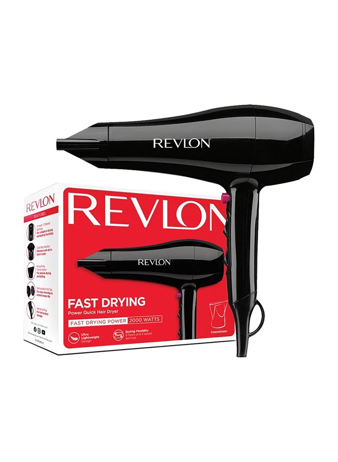 Quick Dry Hair Dryer, 2000 Watts. 3 heat & 2 speed settings. Cool shot. Black 28 x 29 x 29cm