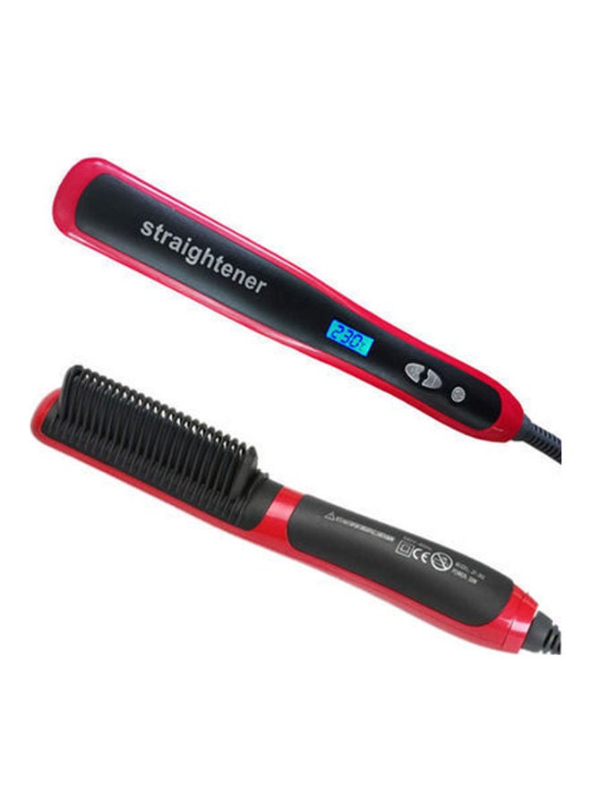 Two-In-One Straightener Comb with Adjustable Temperature and Automatically Closing Feature Red
