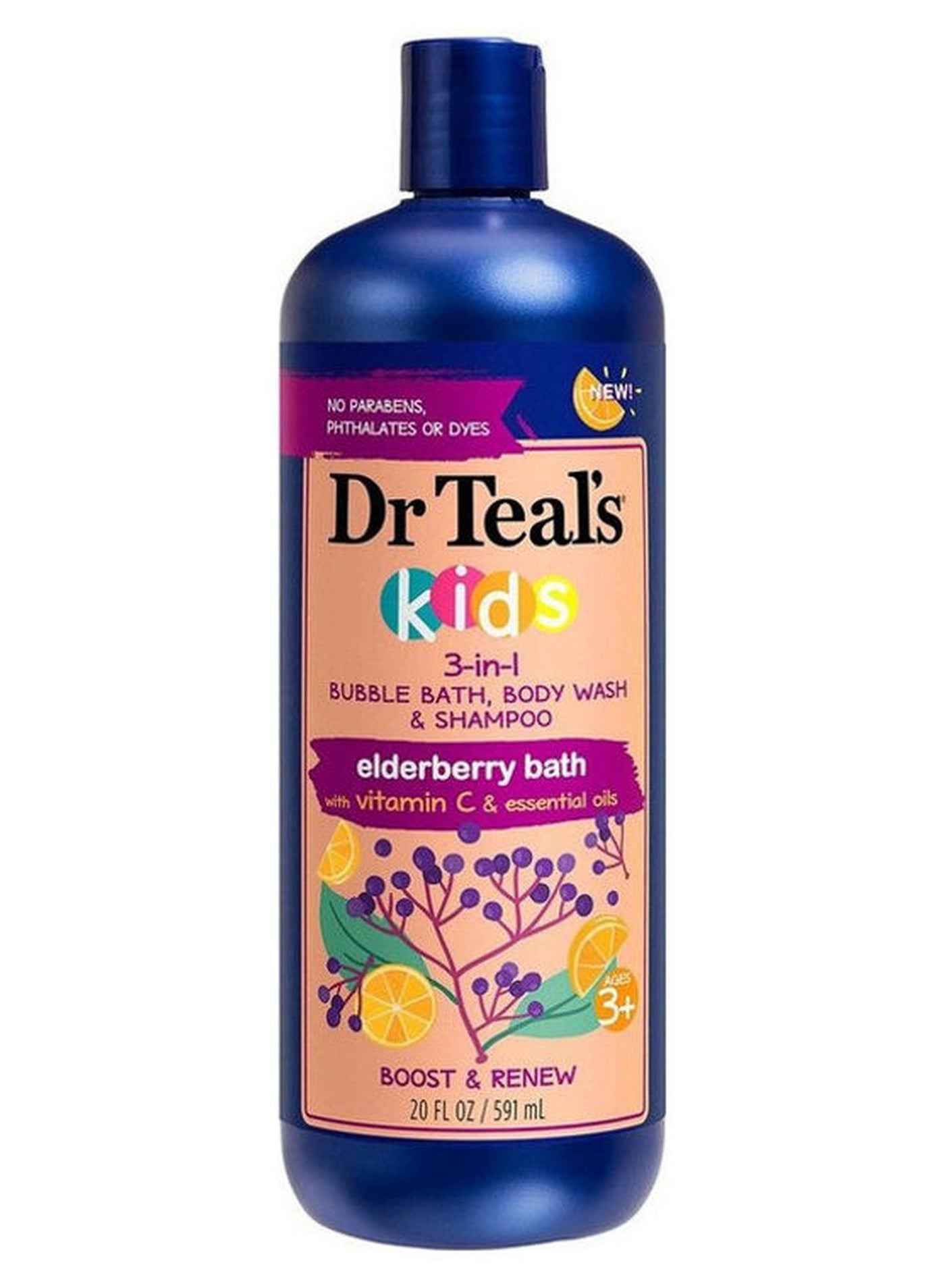 Kids 3-in-1 Bubble Bath, Body Wash & Shampoo with Elderberry & Vitamin C - Gentle Hypoallergenic Formula to Boost & Renew 591ml