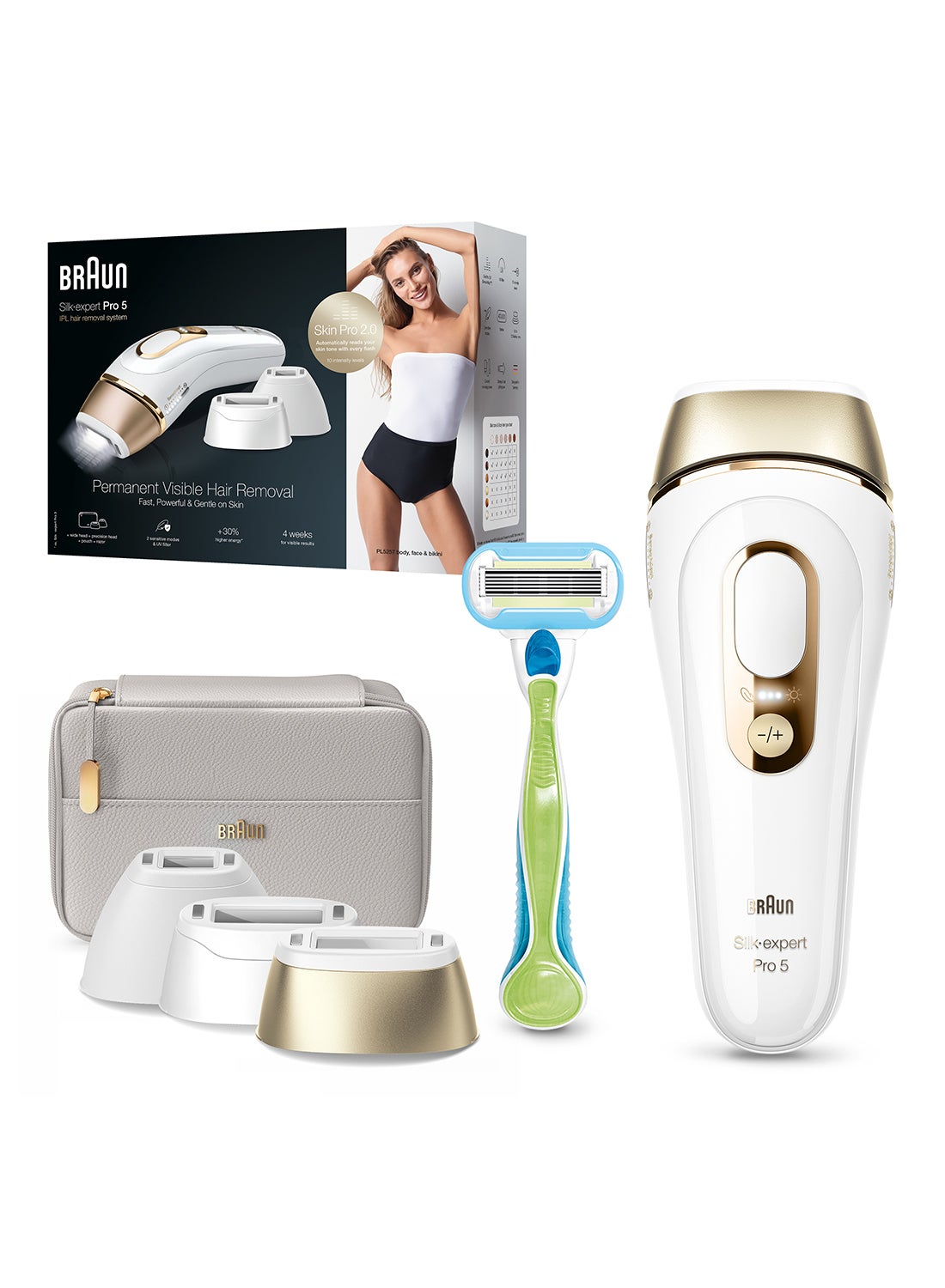 Silk·expert Pro 5, At-Home Laser, IPL Hair Removal Device, Permanent Visible Hair Removal, Gift for Women, PL5257 White/Gold