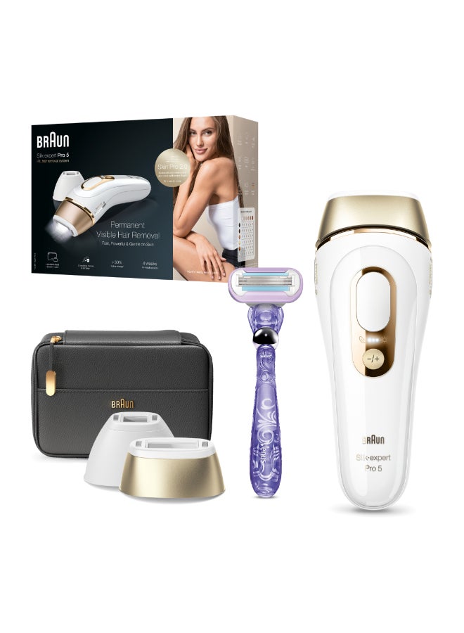 IPL Silk-expert PL5147, hair removal system for use on body and face, 400,000 flashes with 3 extras : Precision head, Venus razor and premium bag Gold/White