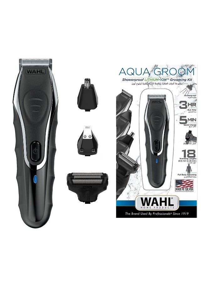 WAHL Aqua Groom 10-in-1 Multigroomer for Men | Showerproof Rechargeable Trimmer with Advanced Lithium Power | Self-Sharpening Precision Blades | 17 Cutting Lengths (9899-027) Black