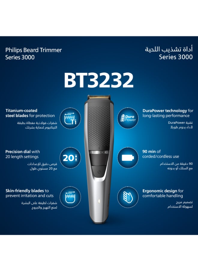 Beard Trimmer BT3232/15,Precision Beard Styling for Effortless Grooming,20 Length Settings, Maintenance-Free Blades, No Oil Required,90min Cordless Use, Battery Indicator Multicolour - image 2
