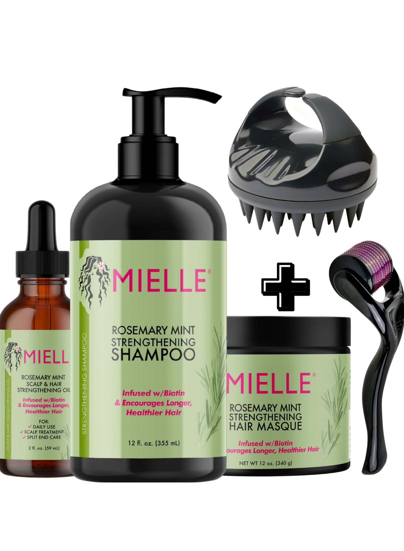 Organics Rosemary Mint Strengthening Full Set 5 - Rosemary Hair Oil, Shampoo, Hair Mask, Derma Ruller And Scrubber - For Hair Growth, Protection & Treatment - Infused With Biotin 754ml