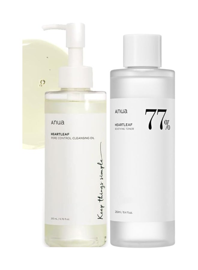 Heartleaf Pore Control Cleansing Oil & 77% Soothing Toner Set - Korean Facial Cleanser for Daily Makeup Removal, Blackheads Control, pH 5.5 Trouble Care, Calming & Hydrating (200ml / 250ml) 450ml
