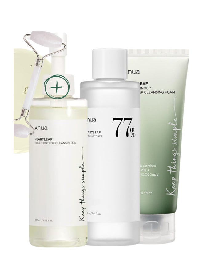 Set - ( Pore Control Cleansing Oil -  Deep Cleansing Foam - 77% Soothing Toner I pH 5.5 & Massage Roller ) Korean Facial Cleansers - Trouble Care - Calming Skin - Refreshing - Hydrating 600ml