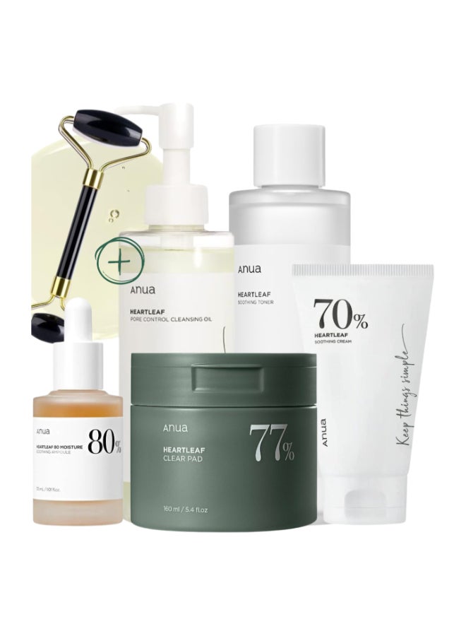Pack  ( Pore Control Cleansing Oil - Niacinamide Serum - 77% Soothing Toner I pH 5.5 - 70% Heartleaf Soothing Cream -  77% Clear 70 Pads - & Massage Roller )  - Korean Facial Skin Trouble Care 740ml