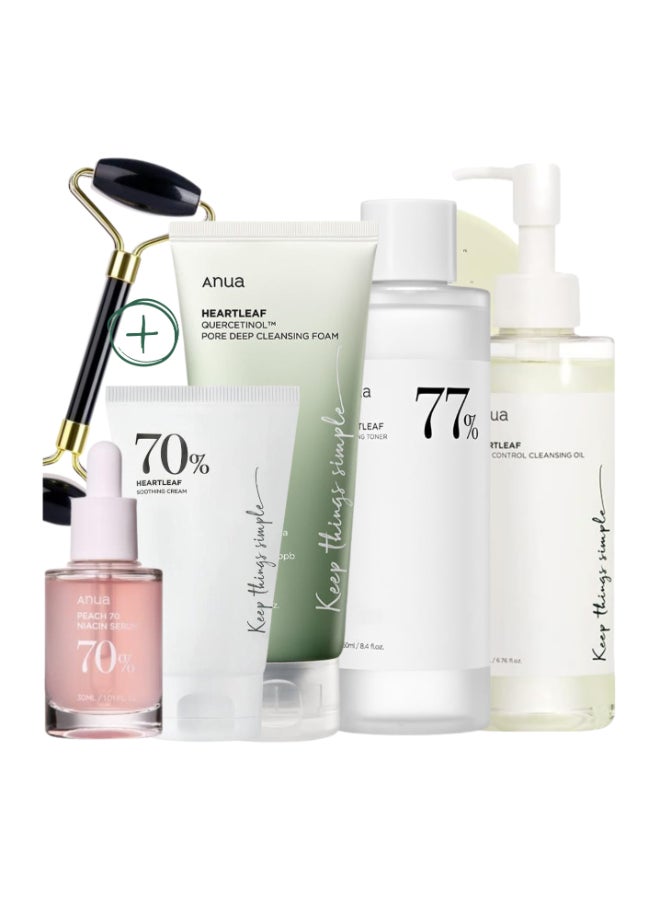 Pack (Pore Control Cleansing Oil - Niacinamide Serum - 77% Soothing Toner PH 5.5 - 70% Heartleaf Soothing Cream - Intense Calming Cream - & Massage Roller) Korean Facial Skin Trouble Care 730ml