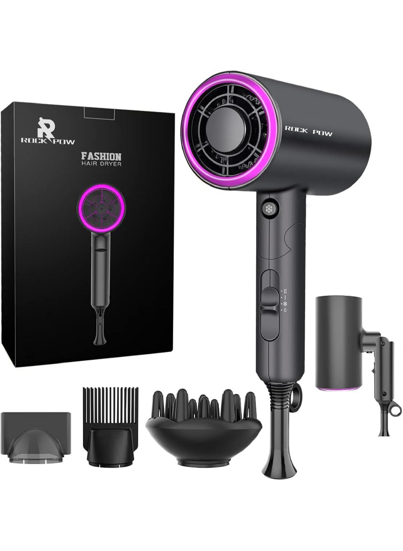 1800W Ionic Hair Dryer Professional Salon Hair Blow Dryer 3 Heating/2 Speed/Cold Settings Blow Dryer with 2 Concentrator 1 Diffuser Foldable Hair Dryer For Home Salon Travel Black