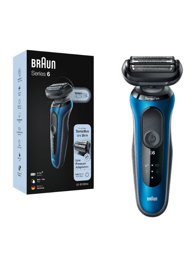 Series 6 61-B1000s Wet & Dry shaver with travel case, blue. Made in Germany Blue / Black