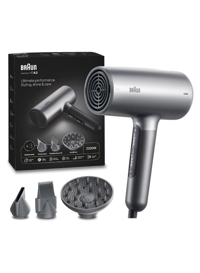 Hair Dryer Hd4.3 Ultimate Performance, Styling, Shine And Care, Htdc Motor, 2200 Watts, Electronic Touch Control Electro Grey