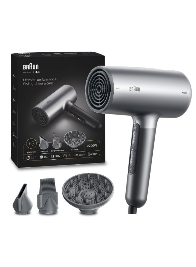 Hair Dryer with HTDC Motor, 2200W Power, Super IONTEC Function, Touch Control, 3 Heat Modes, Styling Nozzle, Straightening Comb Attachment, Curl Diffuser - BRHD435SDE Electro Grey