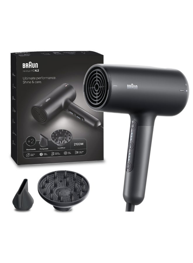 Hair Dryer with HD4.2 Motor, 2100W Power, Super IONTEC Function, Touch Control, 3 Heat Modes, Drying Nozzle, Curl Diffuser with 2 Attachments - BRHD425SDE Electro Black
