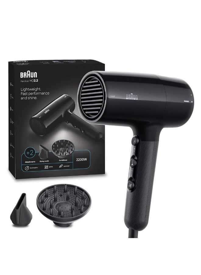 Hair Dryer, 2200W Ionic Hair Dryer, Drying Nozzle, Curl Diffuser, Fast Drying, 3 Heat Modes, Cool Shot, Lightweight, Anti-Frizz Shine -  BRHD225SDE Ion Black