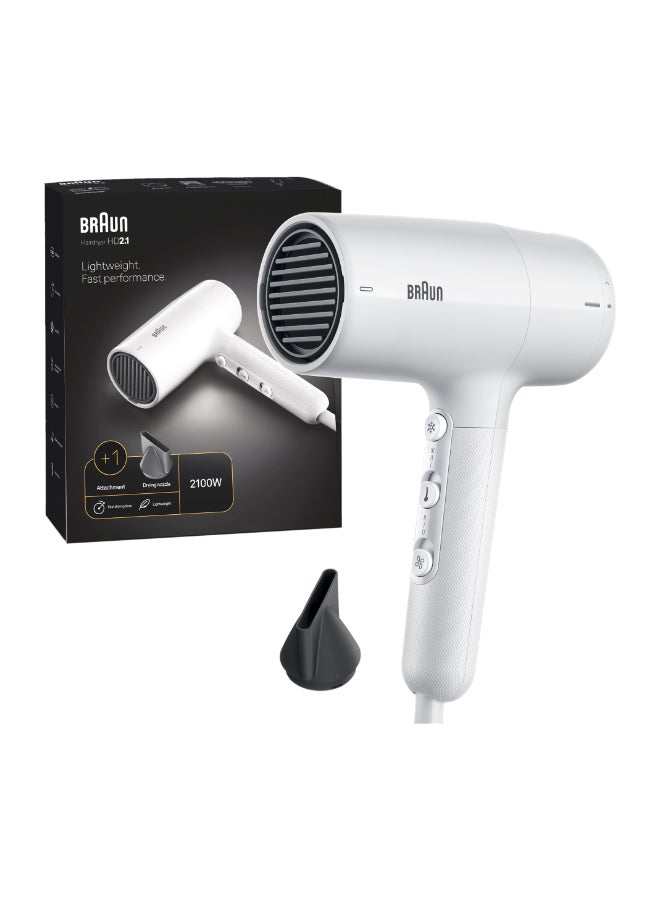 Hair Dryer with 2100W Power, 3 Heat Modes, Fast Drying, Drying Nozzle, Filter Clean Indicator, Lightweight Design, 195cm Cord - BRHD210SDE Conc White