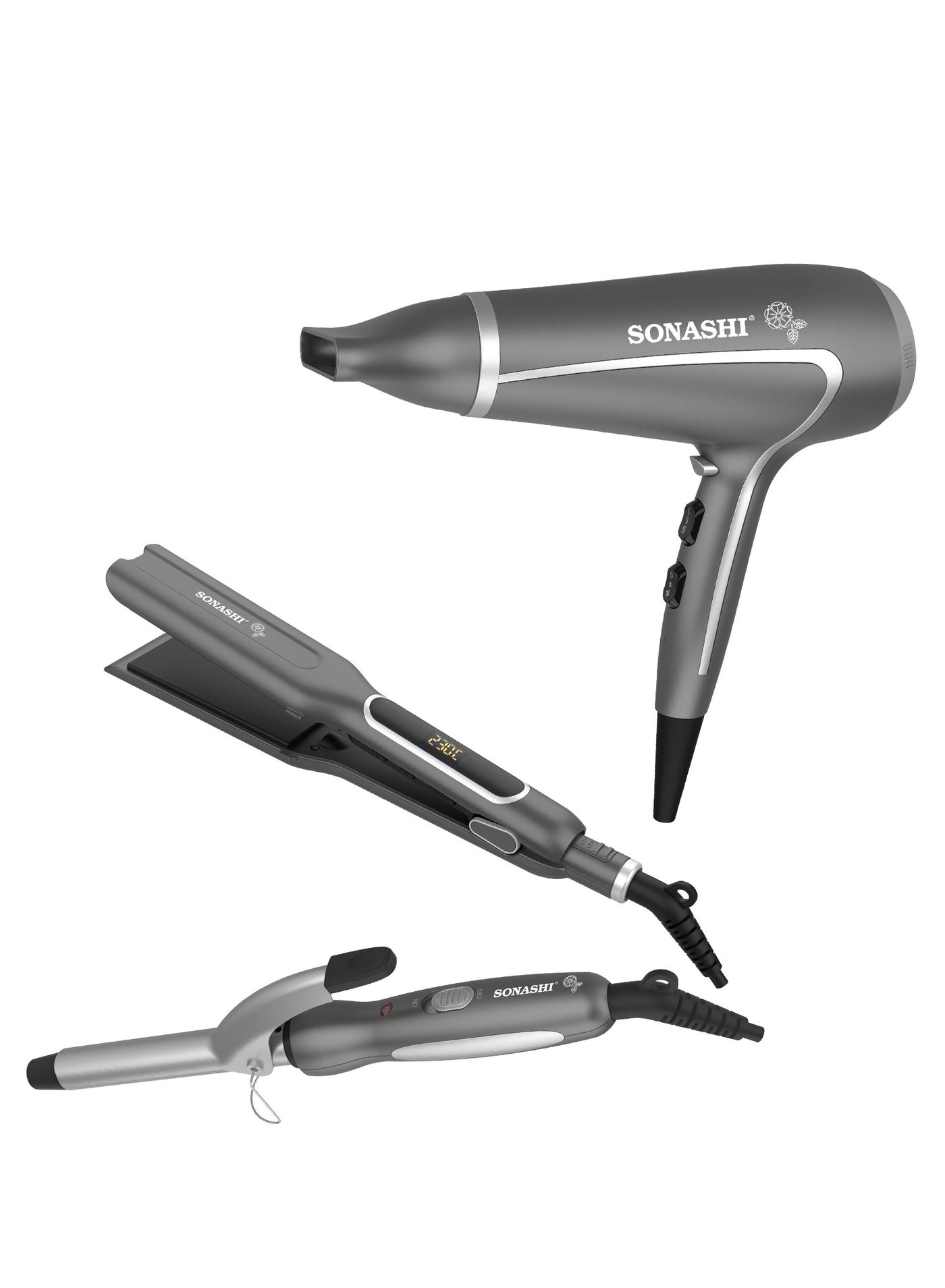 3in1 Hair Dressing Set With Hair Dryer Hair Straightener And Hair Curler Featured With Ceramic Plates Wet And Dry Function Light Indicator 360 Swivel  SBS-800 Grey