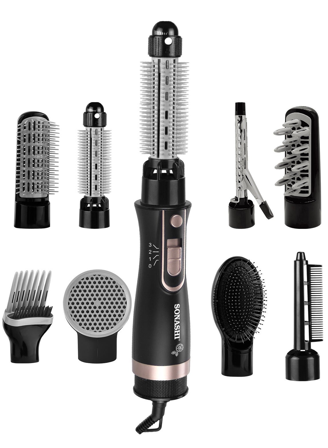 9in1 Hair Styler With Blow Brush Big And Small Roller Brush Soft Brush Clip Pipe Volume Lifter And Nozzle DC Motor With 3 Speed Temperature Setting Different Attachments  SHS-2091 Black