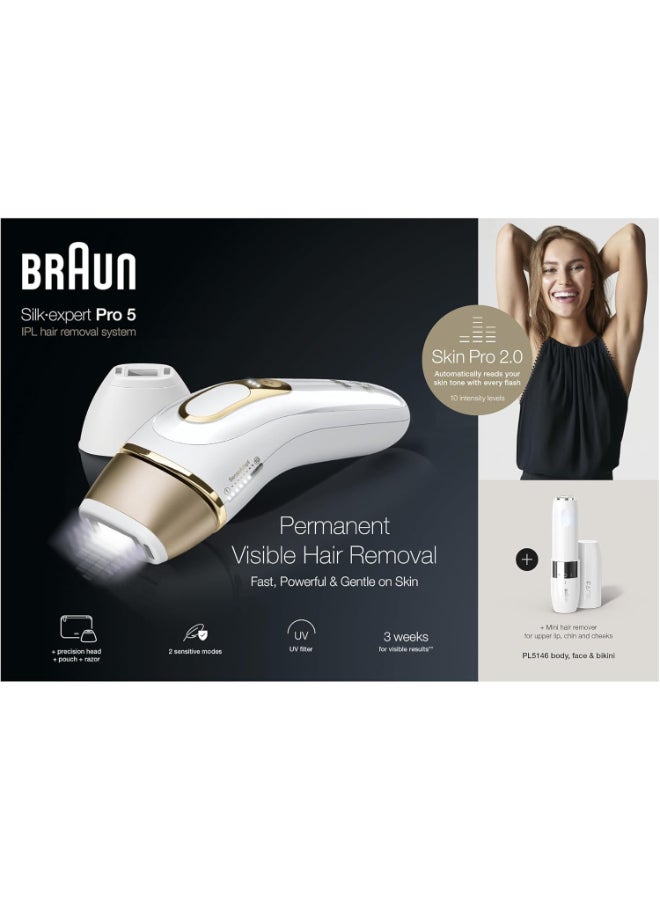 Silk-expert Pro 5 PL5146 IPL with 4 extras: wide head, precision head, Venus razor and soft pouch. White / Gold - image 5