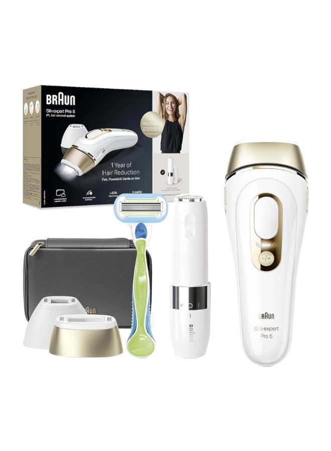 Silk-expert Pro 5 PL5146 IPL with 4 extras: wide head, precision head, Venus razor and soft pouch. White / Gold