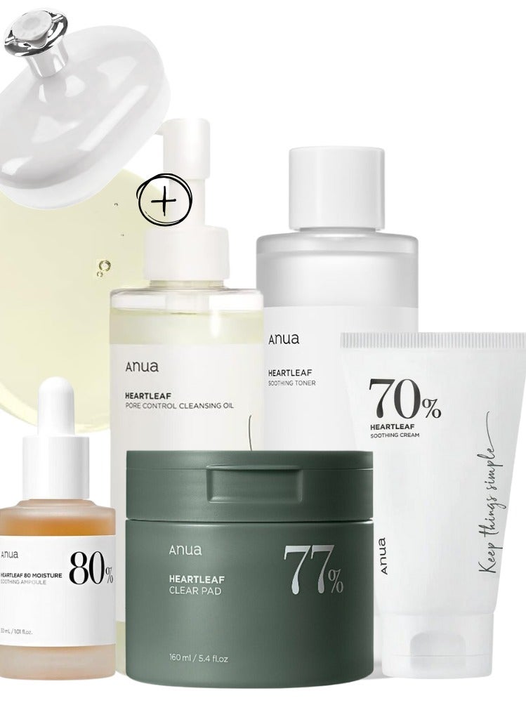 Heartleaf Skincare Essentials Set - Pore Control Cleansing Oil - 77 Soothing Toner - Toner Pads - 80% Moisture Soothing Ampoule - and 70% Soothing Cream for Hydrated - Clear - and Calm Skin - Face Scrubber - 740ml