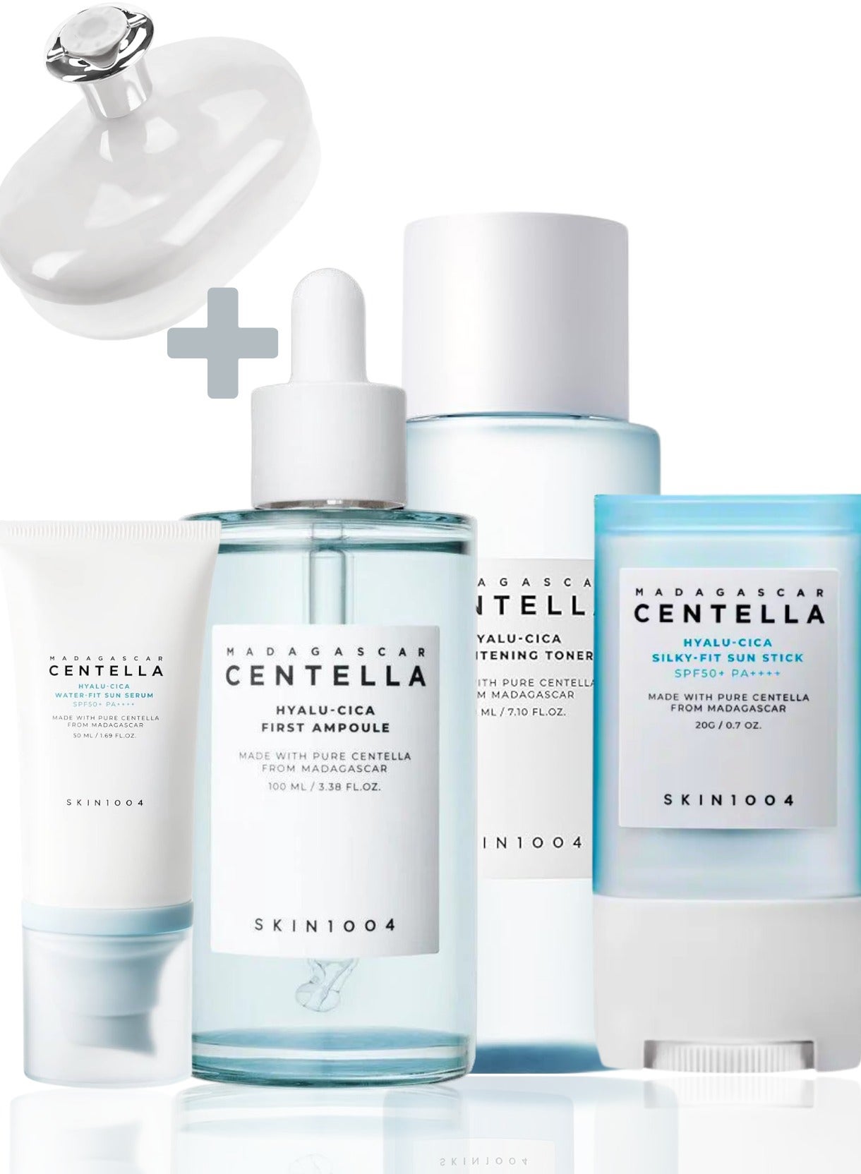 Madagascar Centella Hyalu-Cica Full Skincare Set: SPF50+ Sun Serum, Brightening Toner, Protective Sun Stick, and Nourishing First Ampoule 380ml