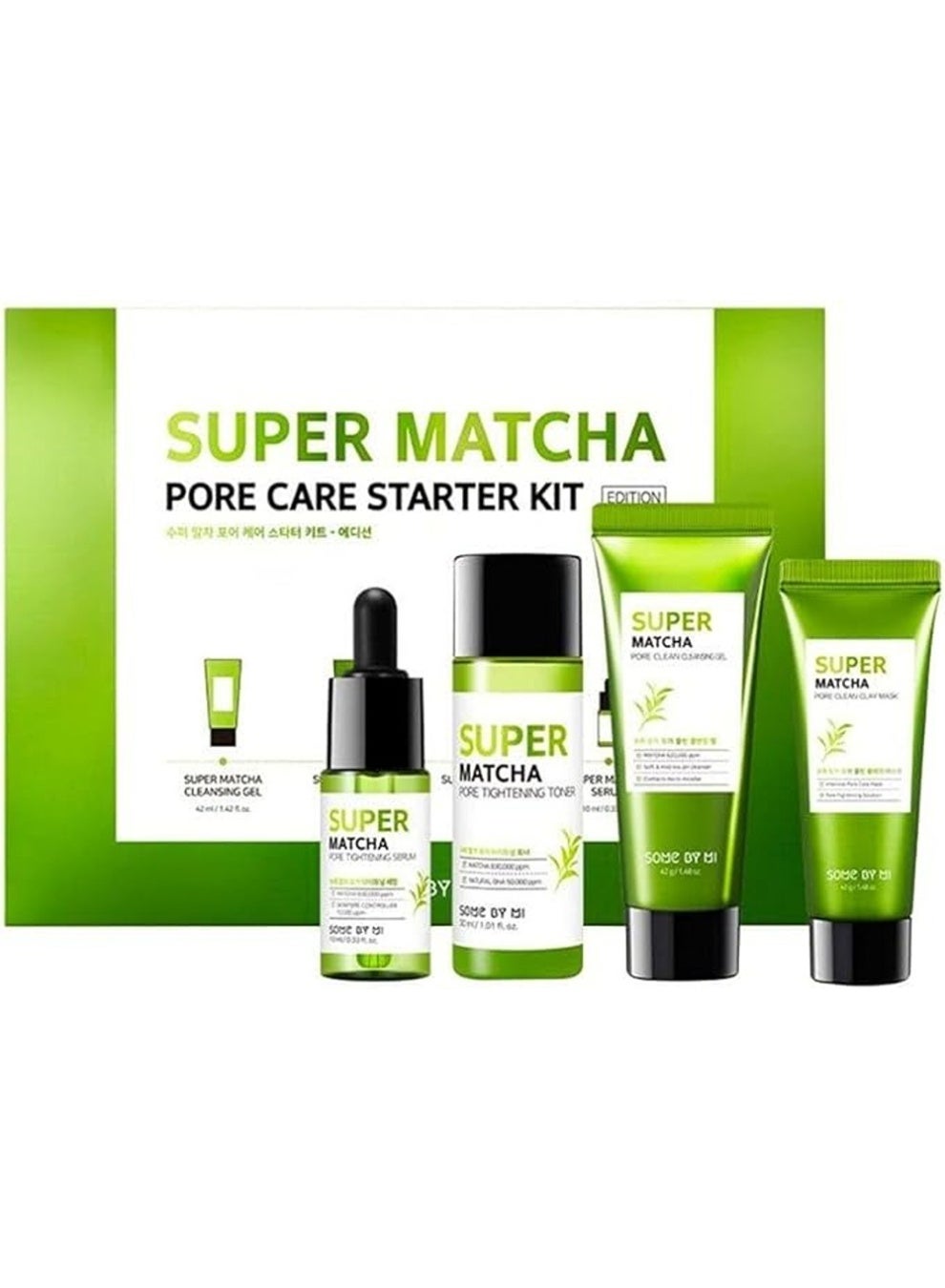 Super Matcha Pore Care Starter Kit - Includes Toner 1.01Oz + Serum 0.33Oz + Cleansing Gel 1.42Oz + Clay Mask 1.48Oz - For Sebum, Anti-Wrinkle And Trouble Care - Facial Skin Care Set Of 4 125.43ml