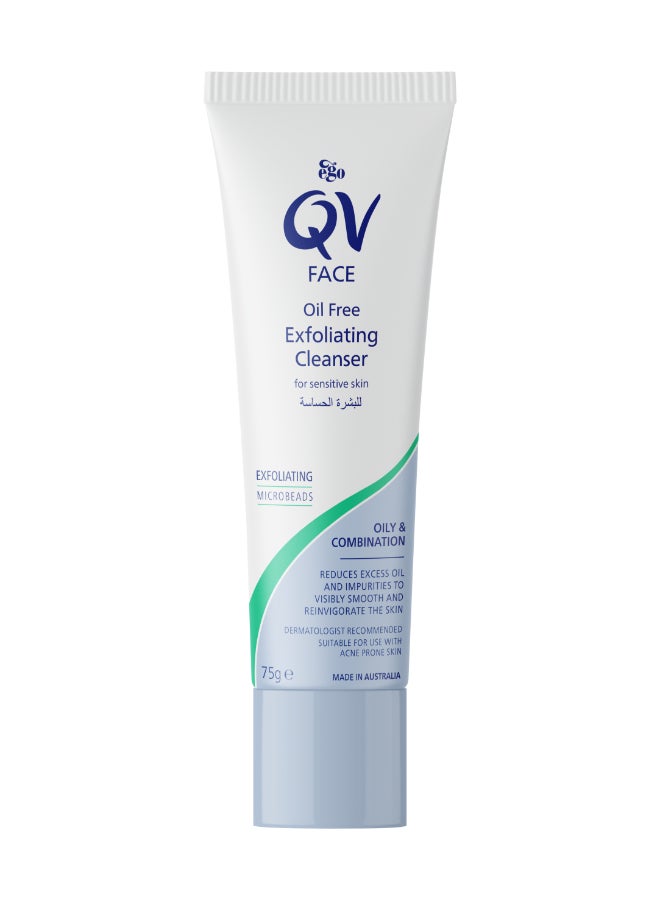 Face Oil Free Exfoliating Cleanser (75g) - for Oily & Acne Prone Skin, Gentle Daily Face Wash with Microbeads, Non Comedogenic pH Balanced Anti Shine Formula, Soap & Fragrance Free 75grams