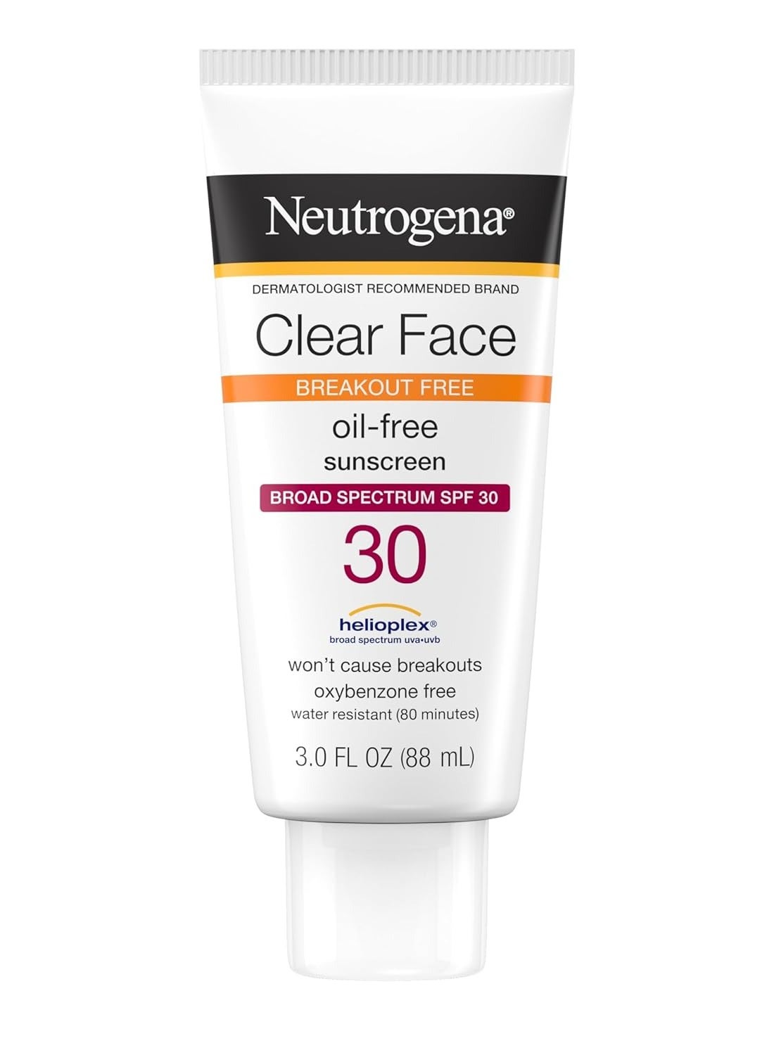 Clear Face Sunscreen For Acne Prone Skin, Broad Spectrum Sunblock SPF 30, Non Comedogenic, Oil Free Sunscreen for Sun Protection, 3 FL OZ 88 mlml