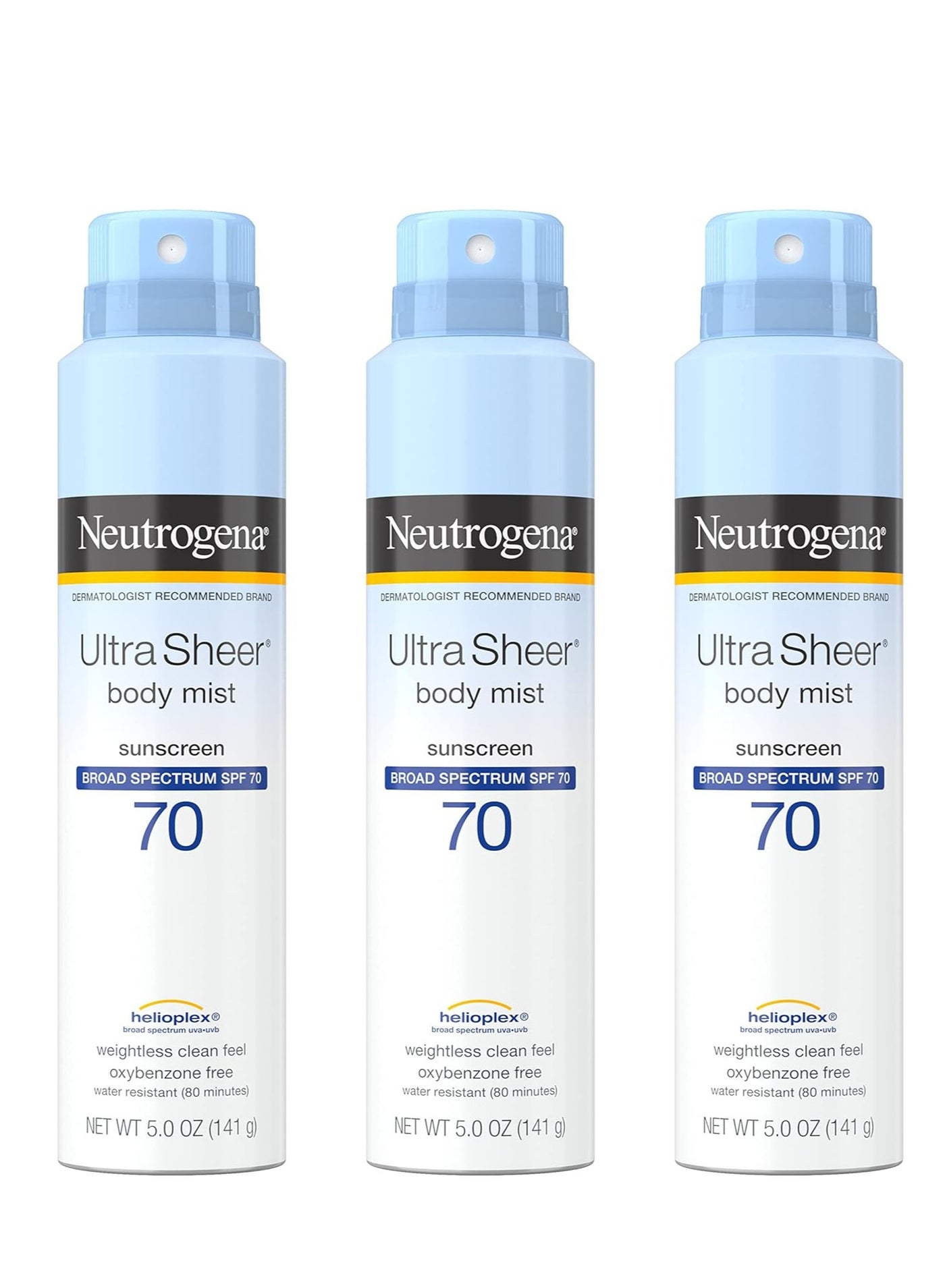 Sunscreen Spray, Ultra Sheer Body Mist, Broad Spectrum SPF 70, Non-Greasy Water Resistant Body Sunscreen Mist, Non-Comedogenic, 5 oz, 3 Packounce