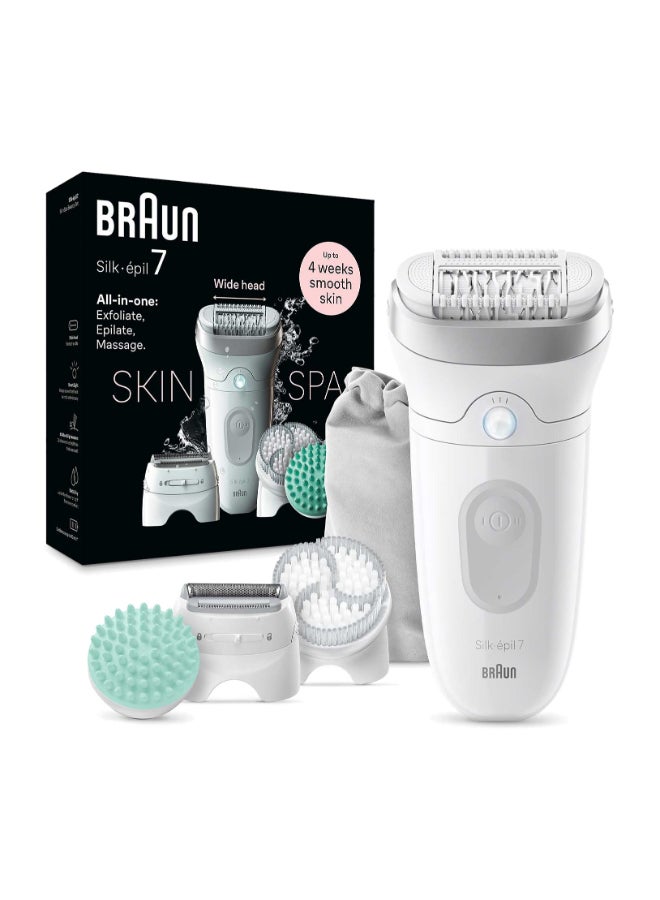Silk-epil 7 SkinSpa 7-081 Epilator Wet & Dry, Deep body exfoliation brush, Pouch. + 6 Extra White