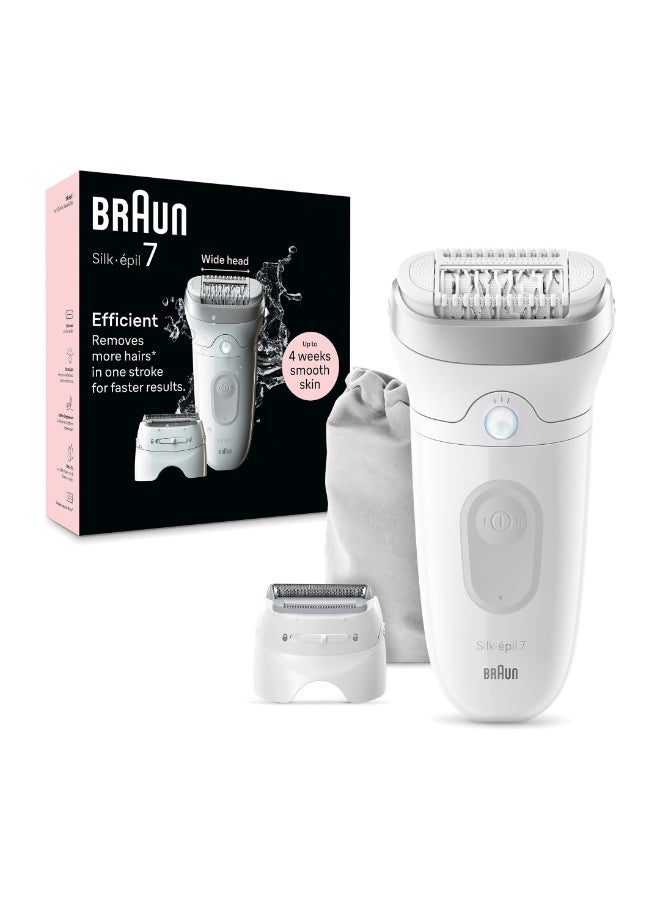 Silk-epil 7 SkinSpa 7-041 Epilator Wet & Dry,Shaver Head, Trimmer Comb, Skin Contact cap, Smart Light, Pouch.+ 4 Extra White